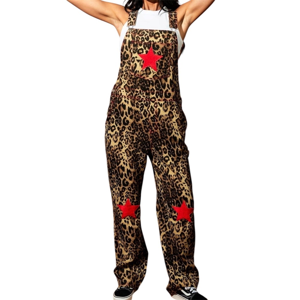 Lala Original Designs Overalls Women Medium Leopard Star Patch Denim